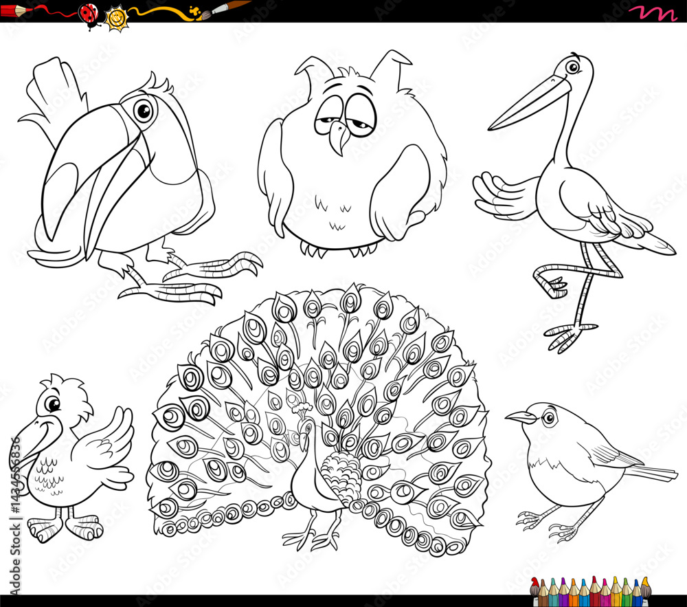 cartoon birds species animal characters collection coloring page