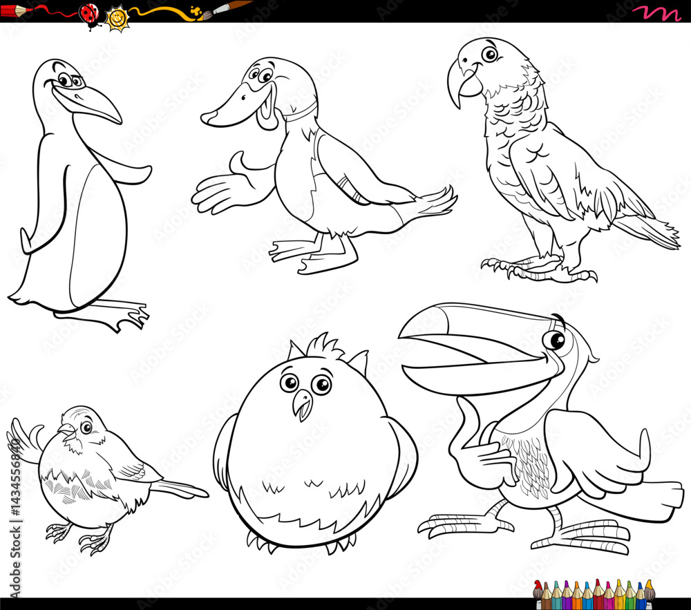 funny cartoon birds species animal characters collection coloring page