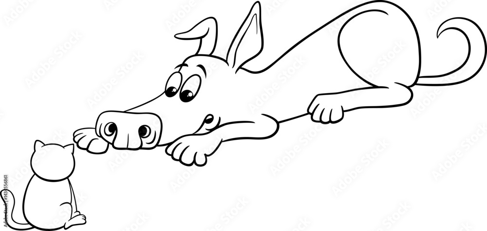 cartoon dog and little kitten animal characters coloring page