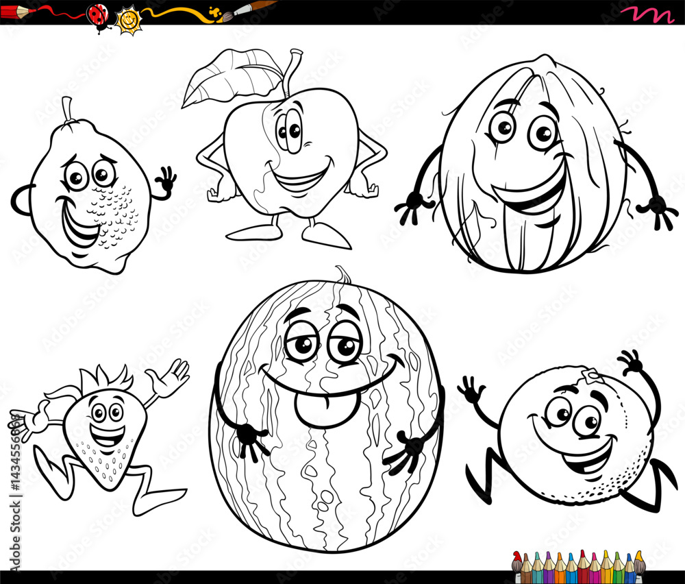 funny cartoon fruit food objects characters set coloring page