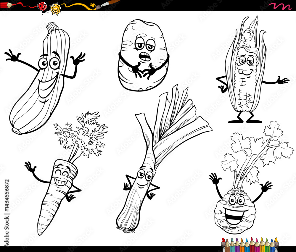 cartoon vegetables food objects characters collection coloring page