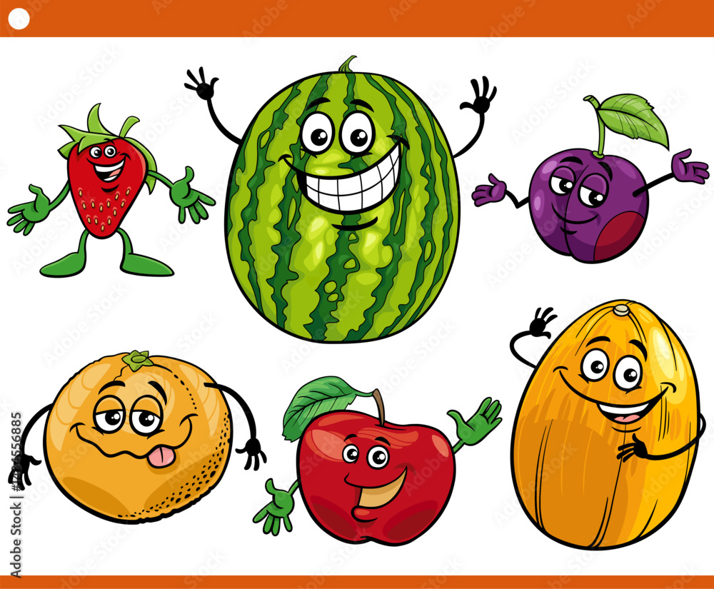 happy cartoon fruit food objects characters set