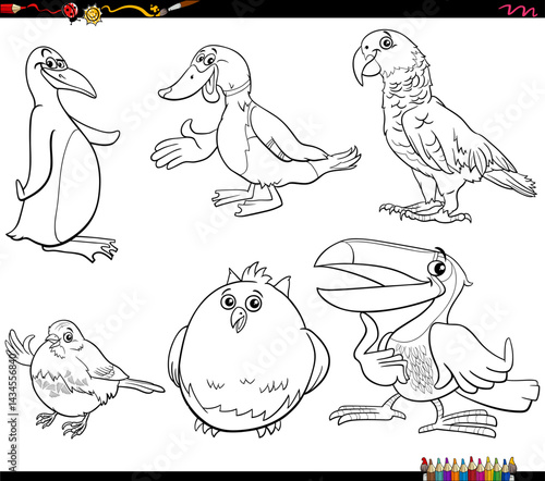 Obraz na płótnie funny cartoon birds species animal characters collection coloring page w salonie