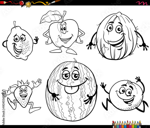 Obraz na płótnie funny cartoon fruit food objects characters set coloring page w salonie