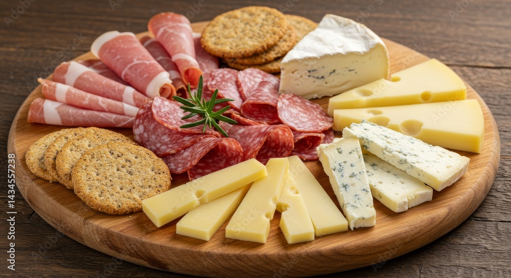 Gourmet Cheese and Meat Platter - A delicious selection of cured meats, cheeses, and crackers arranged on a wooden board, perfect for entertaining Gourmet Cheese and Meat Platter - A delicious selection of cured meats, cheeses, and crackers arranged on a wooden board, perfect for entertaining