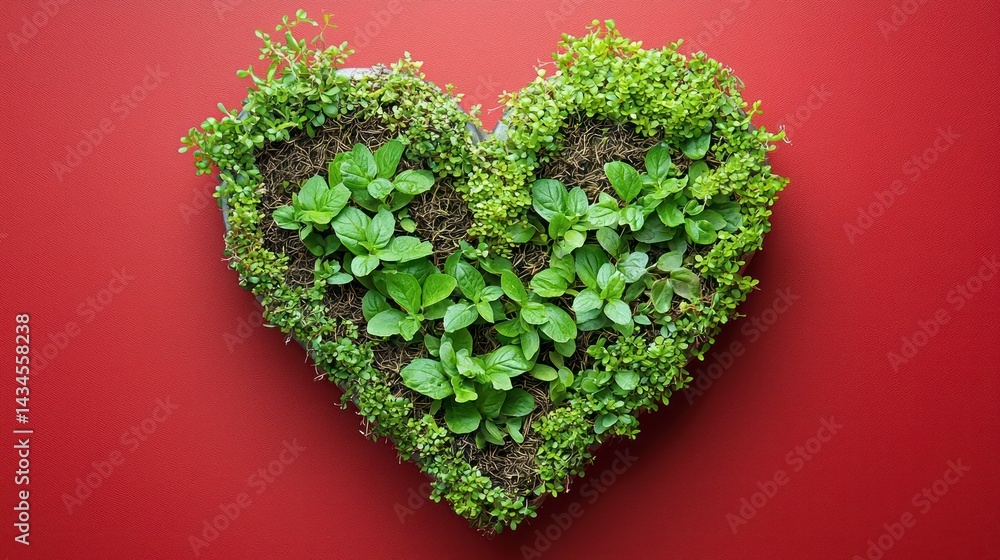 Green plants in heart shape on red Green plants in heart shape on red