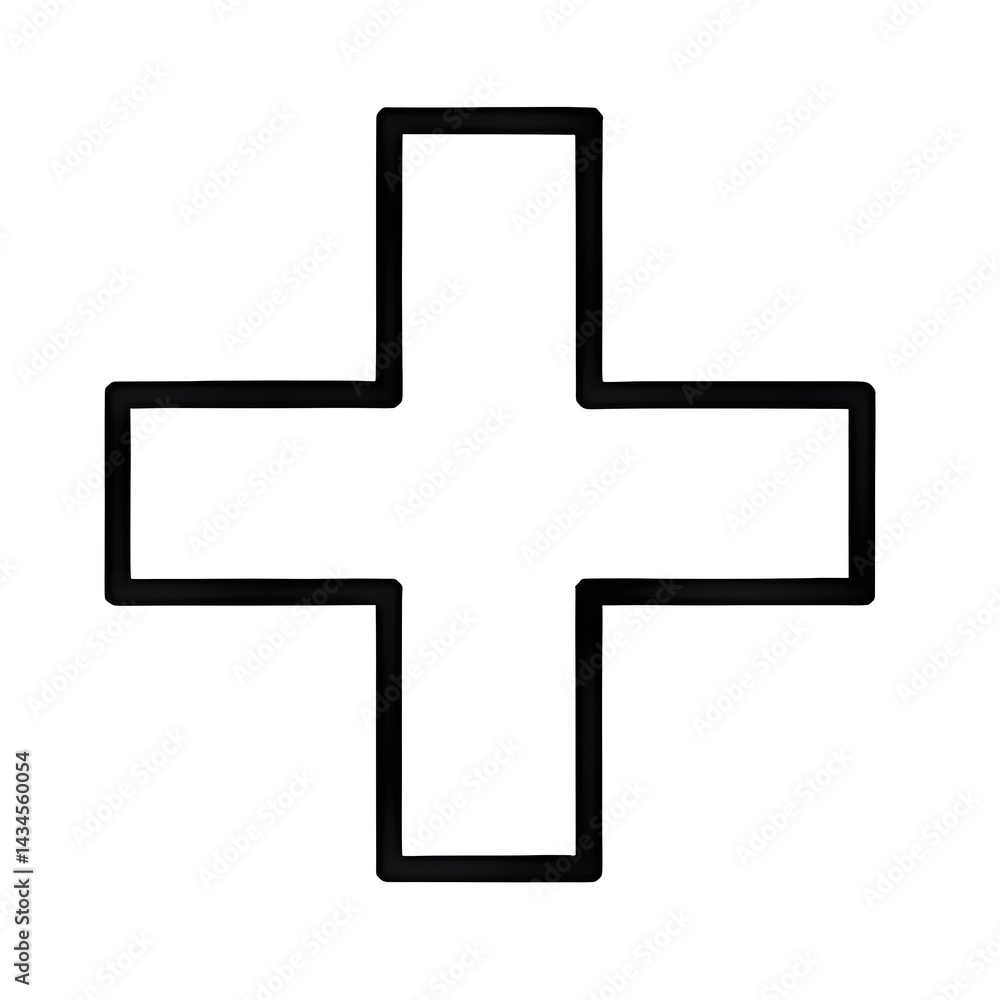 Simple black outline icon of a plus sign, isolated on white background, health, medicine, first aid Simple black outline icon of a plus sign, isolated on white background, health, medicine, first aid