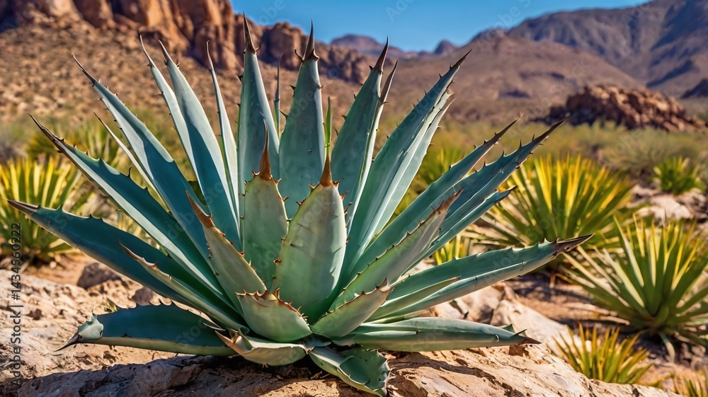 Vibrant desert agave plant with blades against rocky background. Vibrant desert agave plant with blades against rocky background.