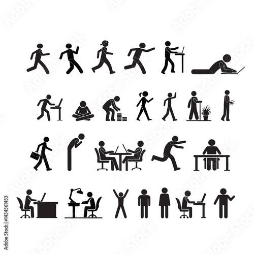 Stick Figure Icons Black & White Pictograms of Human Actions and Poses