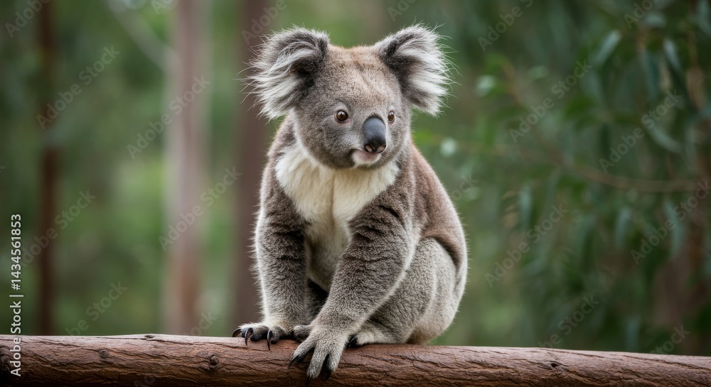 Obraz premium Koala Sitting on Log in Forest - Adorable koala sitting on a tree branch in a lush green forest. Perfect for nature, wildlife, and Australian animal themed projects