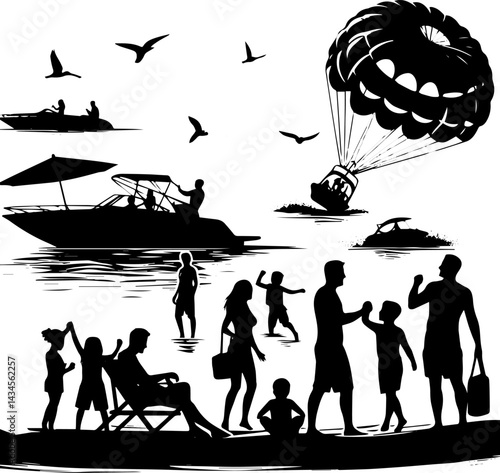 Family Enjoying Water Activities - Vacation Beach Silhouette  