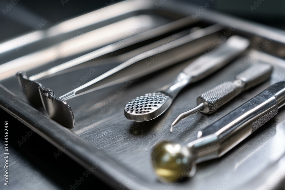 Detailed close-up of metal dental instruments laid out on a stainless steel tray for a medical procedure or examination. Detailed close-up of metal dental instruments laid out on a stainless steel tray for a medical procedure or examination.