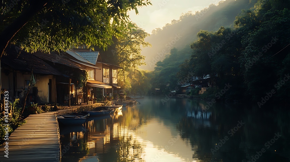 Obraz premium Tranquil riverside village at dawn, bathed in golden light.