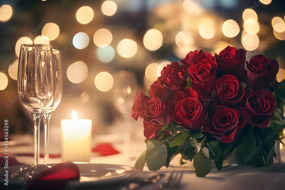 Obraz premium Romantic dinner setting with roses and candlelight.