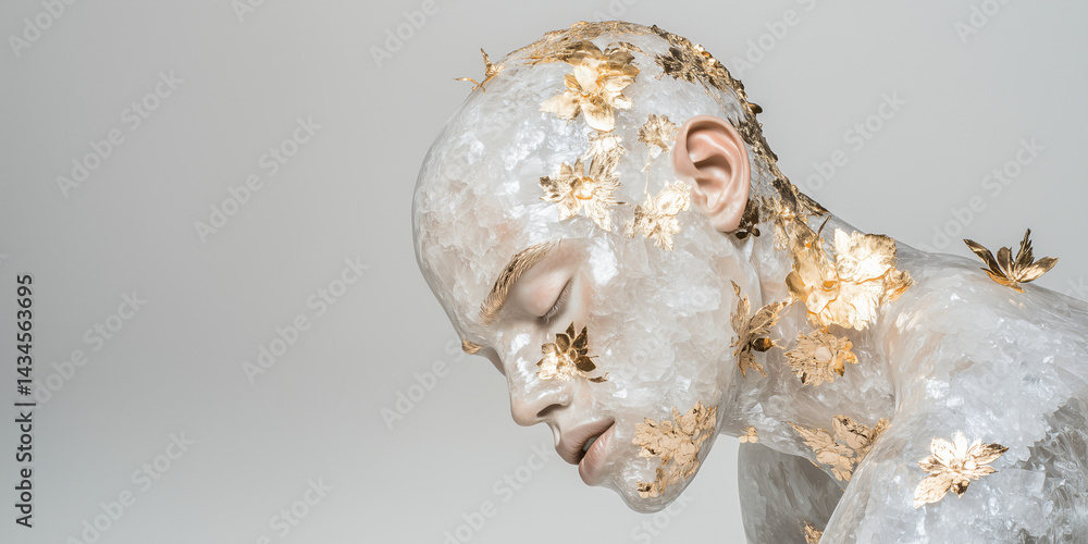 Naklejka premium Embodied Grace: An ethereal figure, adorned with golden accents, evokes a sense of serenity and introspective contemplation, exuding a unique artistry.