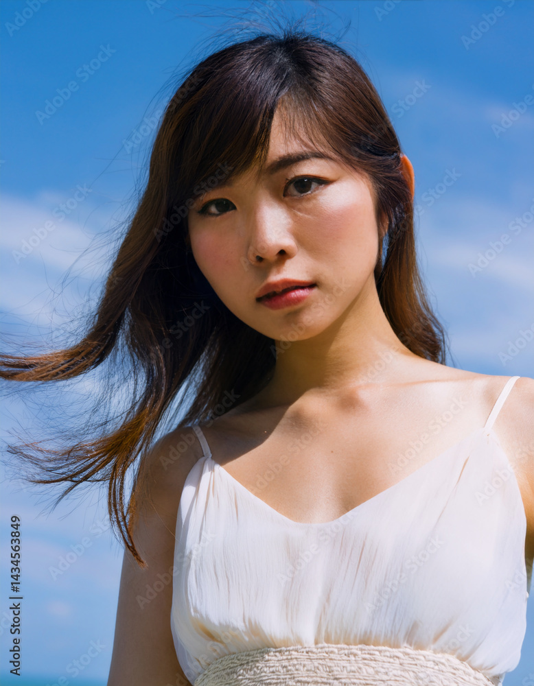夏空を背景にした女性 夏空を背景にした女性