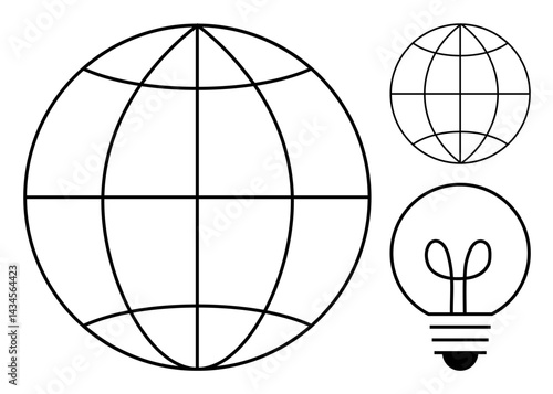 Globe with intersecting grid lines and minimalistic light bulb lines. Ideal for innovation, global thinking, technology, education, progress, sustainability, flat simple metaphor