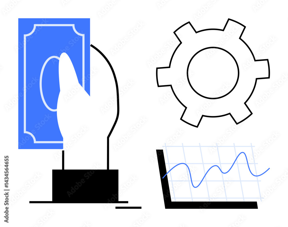 Obraz premium Hand clutching a bill, gear icon symbolizing processes, and a rising data chart. Ideal for finance, banking, business, economy, automation, market analysis simple landing page