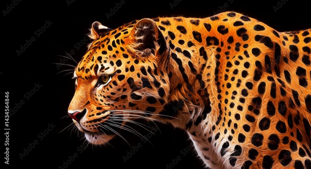 Naklejka premium Majestic Panthera: Abstract Animal Wallpaper - Vivid orange and black jaguar profile, symbolizing power, grace, wilderness, beauty, and mystery