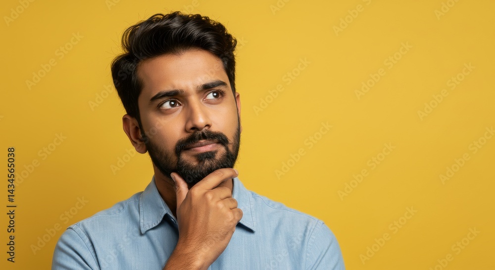 Obraz premium Man Contemplating Future Plans - A thoughtful young man with a beard, hand on chin, contemplates future decisions. Symbolizing ambition, planning, consideration, decision-making, and vision