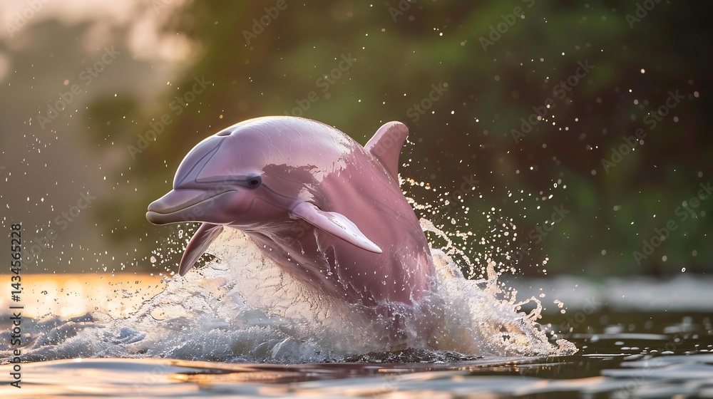 Fototapeta premium Mesmerizing pink river dolphin leaping out of the Amazon waters soft sunlight reflecting on its smooth skin ultra HD wildlife portrait