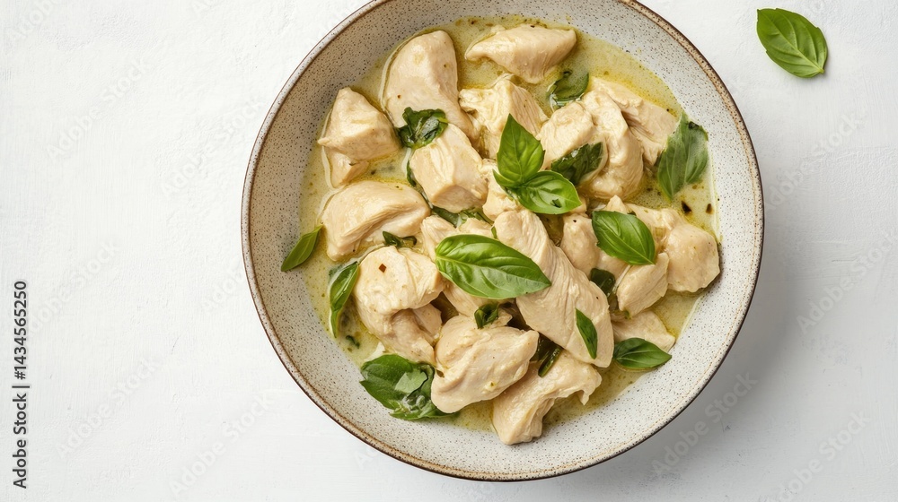 Savory chicken curry, topped with fresh basil Savory chicken curry, topped with fresh basil