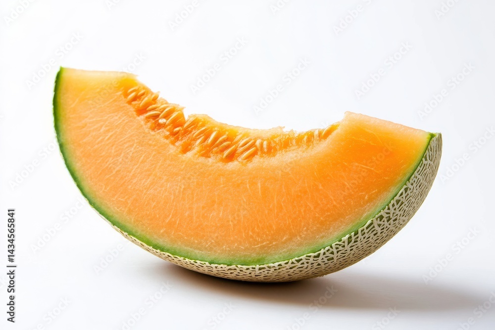 Cantaloupe melon slice with vibrant orange flesh and green rind isolated on white background close up Cantaloupe melon slice with vibrant orange flesh and green rind isolated on white background close up