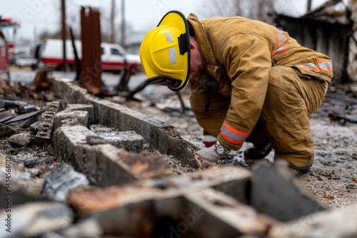 Firefighter Examining Building Remains After Fire Incident, Wearing Protective Gear and Yellow Helmet, Emergency Response Scene