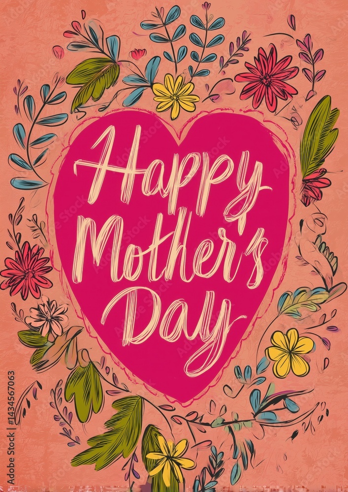 Naklejka premium Happy Mothers Day Pink Heart Floral Card