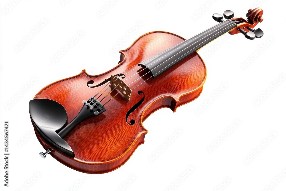 Fototapeta premium Classical violin with detailed wood grain, f-holes, and bow isolated on white background photorealistic