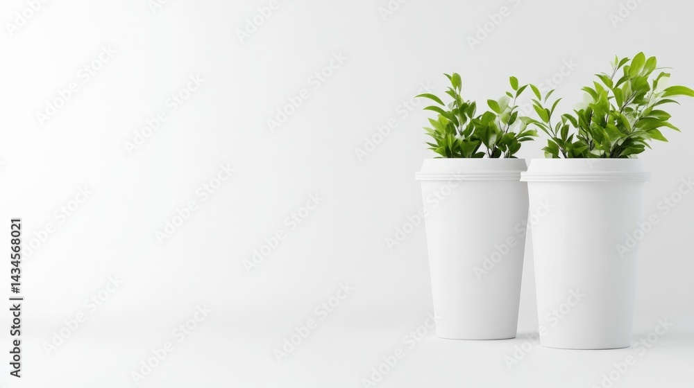 Fototapeta premium Two white disposable coffee cups, with small green plants on top, against a plain white background