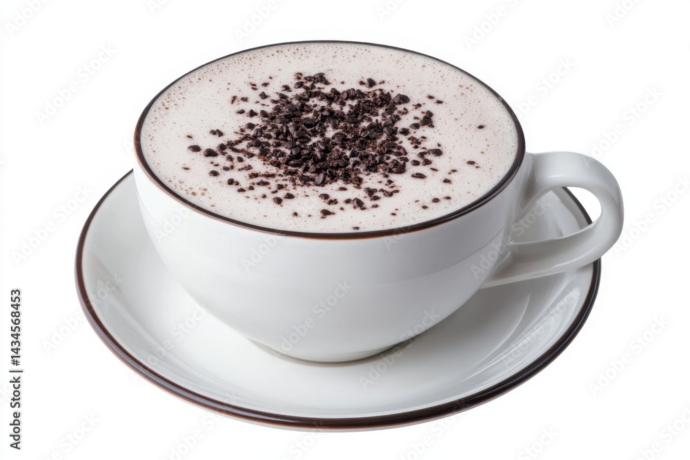Naklejka premium Flat lay of a coffee cup with black foam on a white background, top-down isolated photography, high-resolution realistic and detailed photograph, stock photo, photo for an advertising banner.