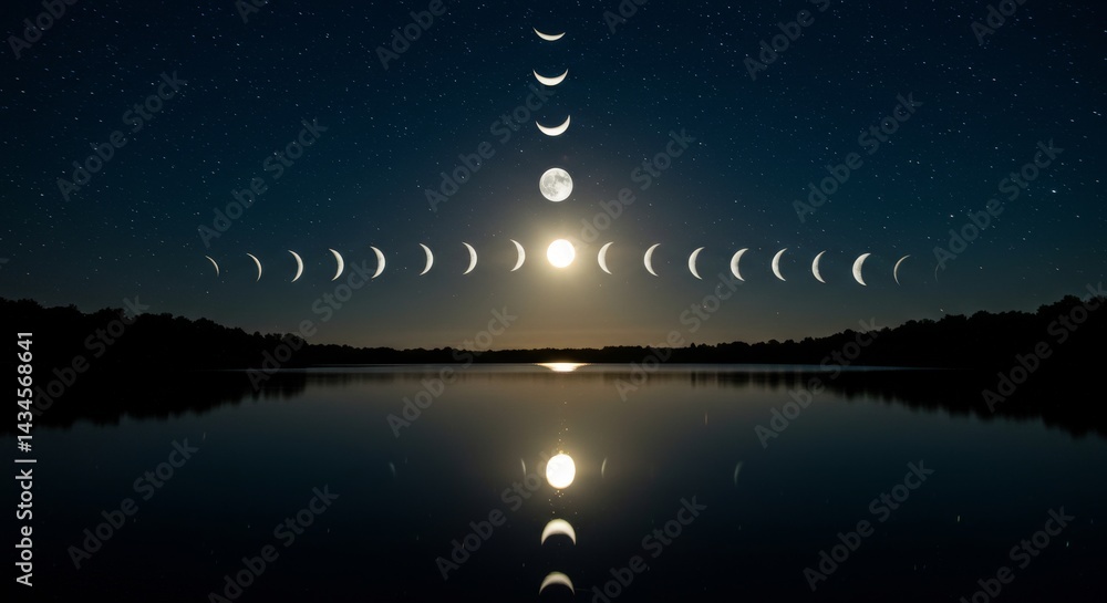 Obraz premium Moon Phases Over Serene Lake at Night - Tranquil night scene, moon phases reflected in calm lake water, starry sky, peaceful nature, celestial cycle. Symbolizing peace, serenity, cycles of life