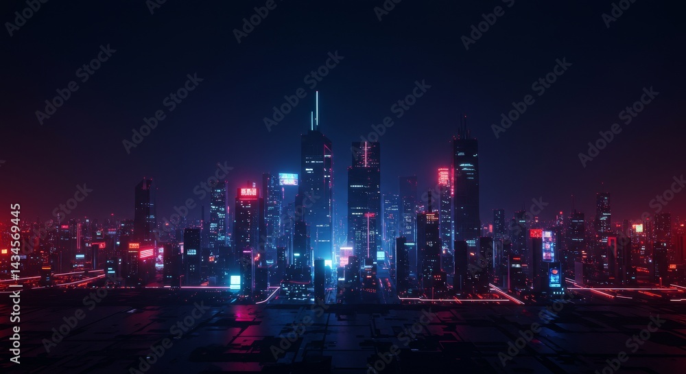 Obraz premium Neon Cityscape at Night - Futuristic city skyline at night, glowing with neon lights. Modern architecture, vibrant colors