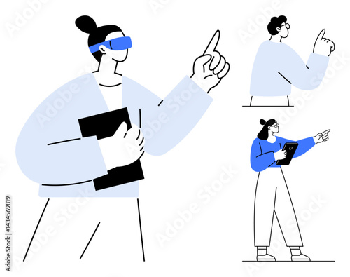 Three individuals engaged in tech use, including VR headsets, pointing gestures, and tablets. Ideal for innovation, teamwork, education, technology, presentation user interface simple landing page