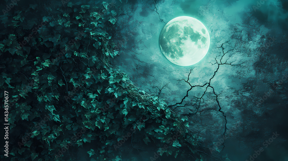 A surreal landscape featuring a glowing moon emerging from a cracked surface, creating an ethereal and mysterious atmosphere. Stellar Ivy. Illustration A surreal landscape featuring a glowing moon emerging from a cracked surface, creating an ethereal and mysterious atmosphere. Stellar Ivy. Illustration