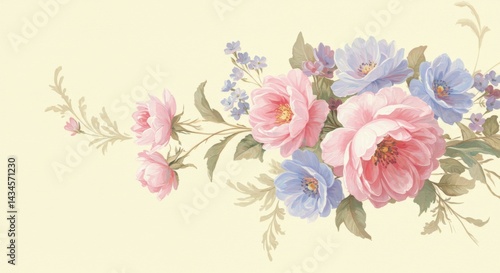 Pastel Roses and Cream Floral Bouquet - Delicate pink and blue roses, symbolizing love, serenity, tranquility, and new beginnings, arranged in a charming cream-colored background