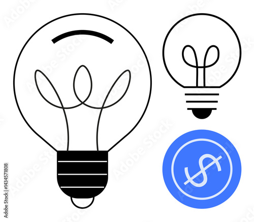 Classic lightbulbs paired with a blue circle containing a dollar sign, merging concepts of ideas, innovation, finance, and creativity. Ideal for business, brainstorming, economy, financial planning