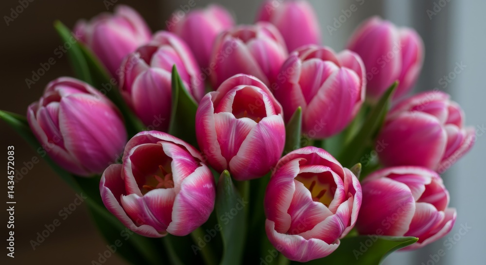 Fototapeta premium Pink Tulips Bouquet Spring Flowers - A lovely bouquet of pink tulips, symbolizing spring, love, new beginnings, happiness, and perfect beauty. A vibrant perfect for springtime celebrations