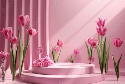 Obraz na płótnie Woman and kid with flowers background wallpaper with copy space w salonie