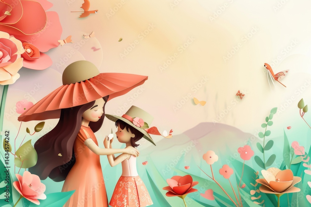 Woman and kid with flowers background wallpaper with copy space