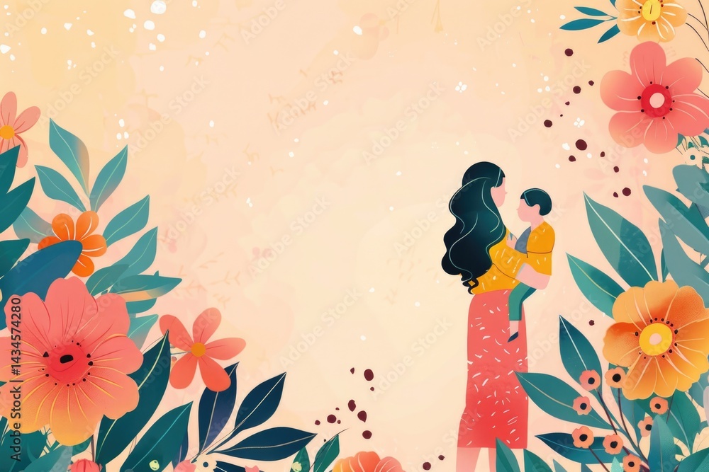 Woman and kid with flowers background wallpaper with copy space