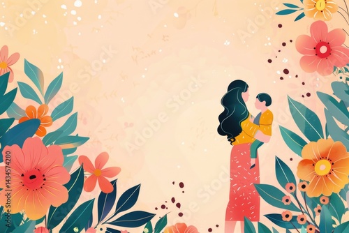 Obraz na płótnie Woman and kid with flowers background wallpaper with copy space w salonie