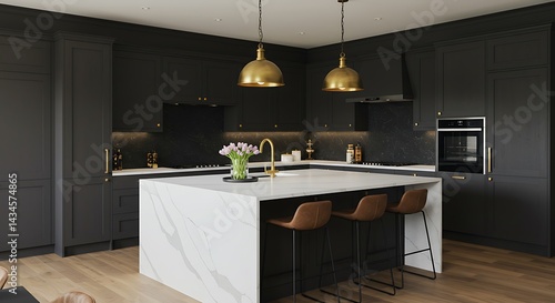 Luxury Kitchen with Central Island Featuring White Quartz Waterfall Countertop, Brass Pendant Lights, Stainless Steel Appliances, Dark Wood Accents, Matte Black Backsplash, and High-Contrast Natural.