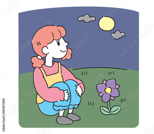 月を眺める女の子のイラスト