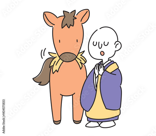 馬とお坊さんのイラスト・馬の耳に念仏