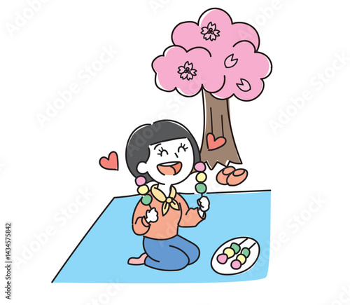 桜の木の前でお団子を食べる女の子のイラスト・花より団子