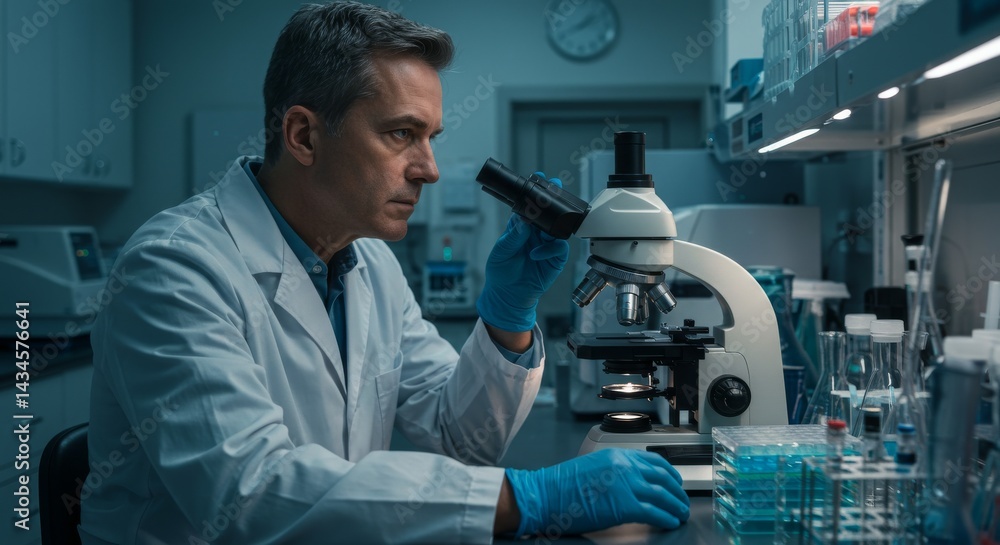 Scientist Examining Sample Under Microscope - A focused scientist meticulously examines a sample under a microscope in a modern laboratory setting. The evokes a sense of scientific discovery and preci Scientist Examining Sample Under Microscope - A focused scientist meticulously examines a sample under a microscope in a modern laboratory setting. The evokes a sense of scientific discovery and preci