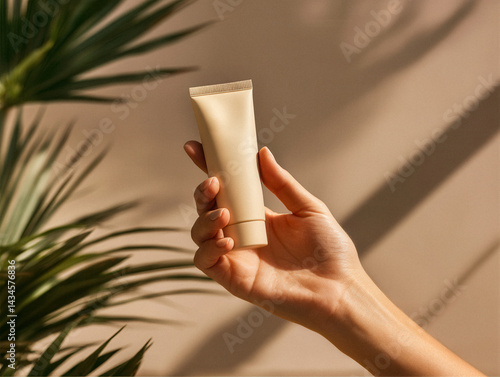 Plakat w ramie Mano femminile che tiene un mockup di un tubo di crema beige su sfondo neutro con ombre