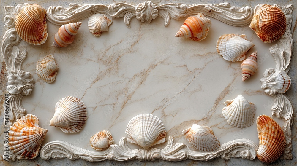 Elegant Seashell Frame Beige Marble Background Summer Ocean Beach Coastal Design Decorative Ornate Seashells Texture Pastel Tones Tropical Vacation Elegant Seashell Frame Beige Marble Background Summer Ocean Beach Coastal Design Decorative Ornate Seashells Texture Pastel Tones Tropical Vacation